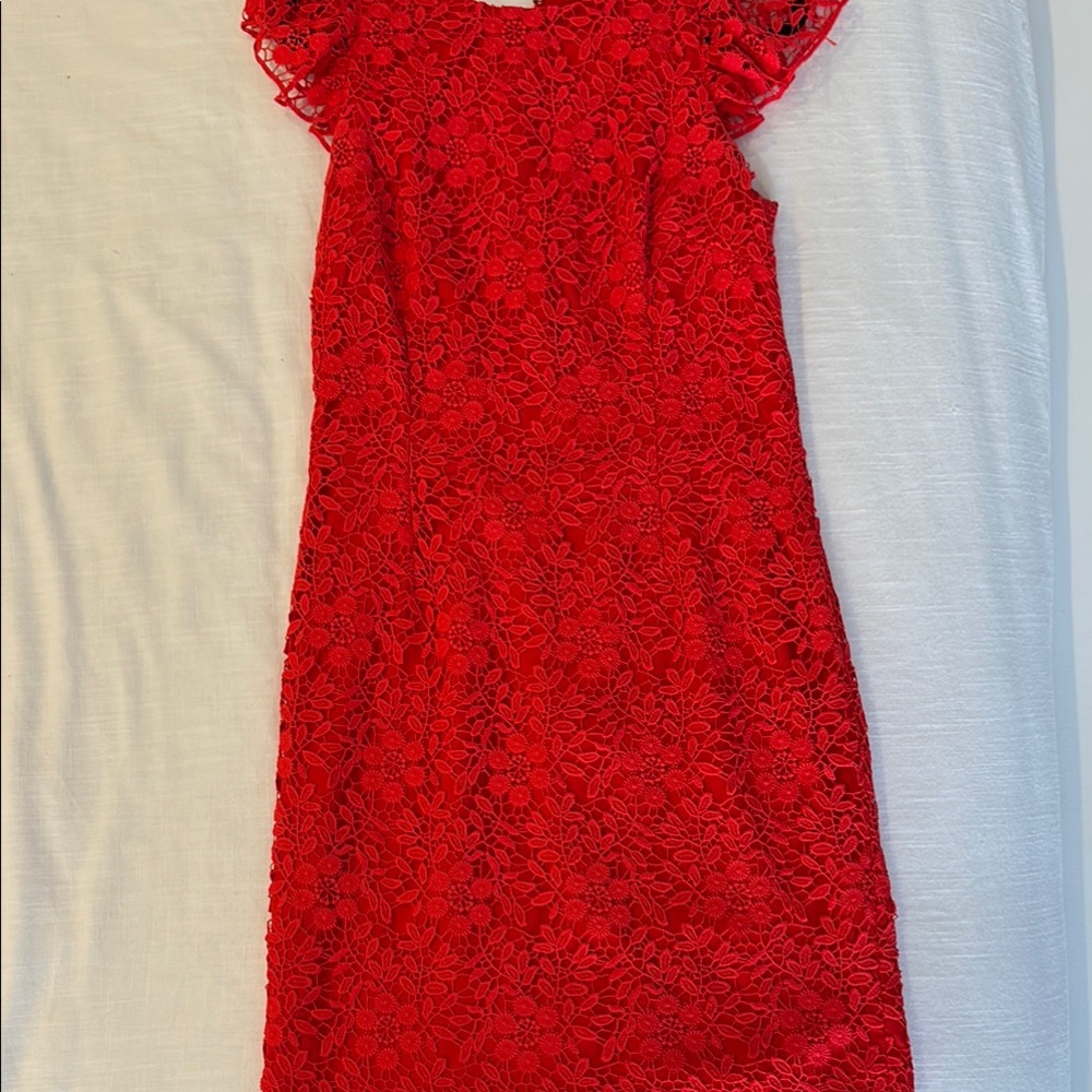 Red Lace Floral Sheath Dress with Flutter Cap Sleeves
